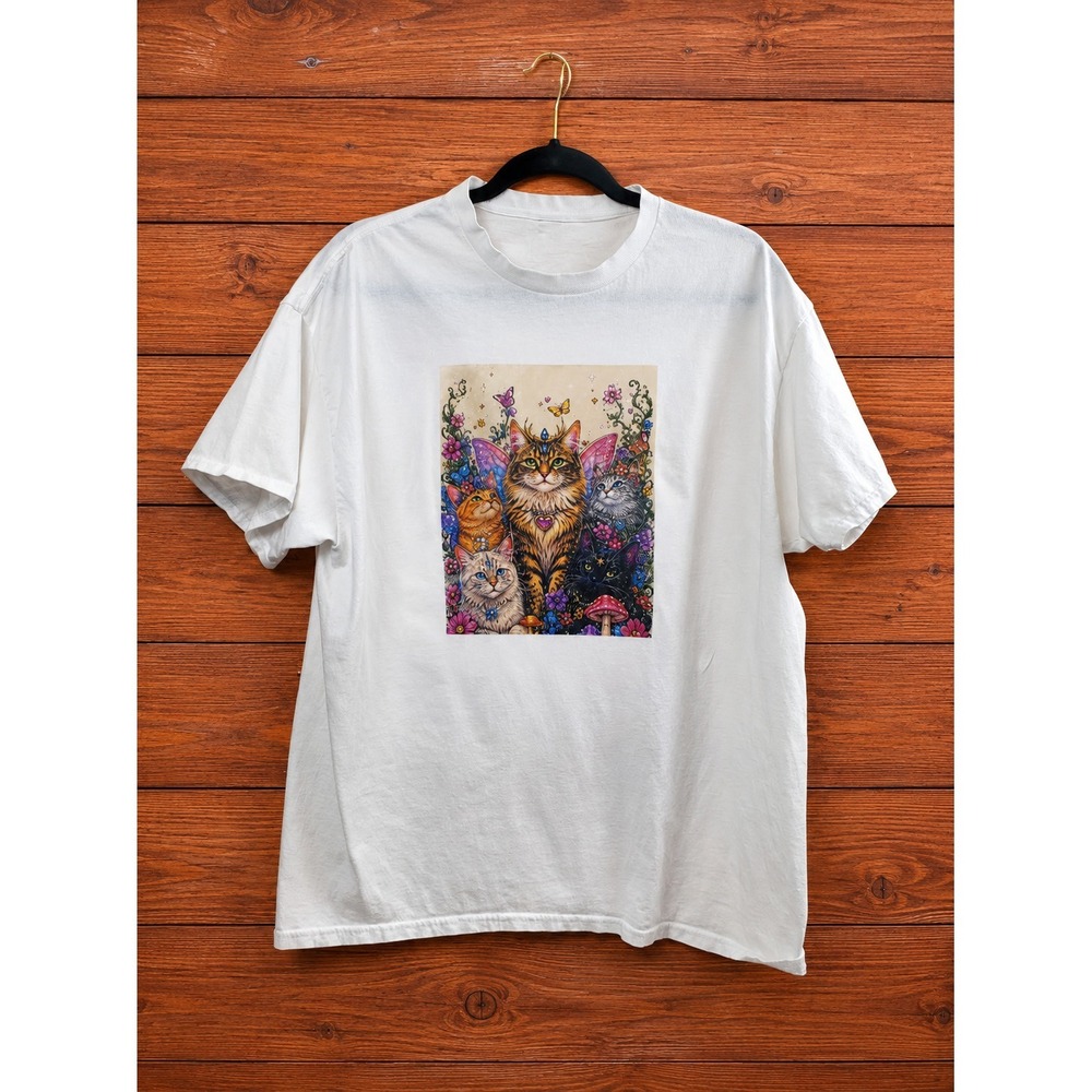 Womens Whimsical Fairy Cat Graphic T-Shirt White Size L XL Art Festival